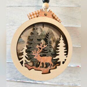 NWT Elk Bull Wood Ornament Woodland Trees Fabric Ribbon Christmas Holiday Decor